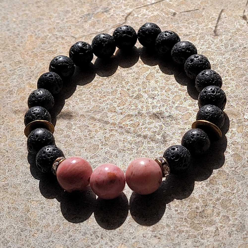 Rhodonite Lava Bead Genuine Stone Bracelet - Picture 4 of 4